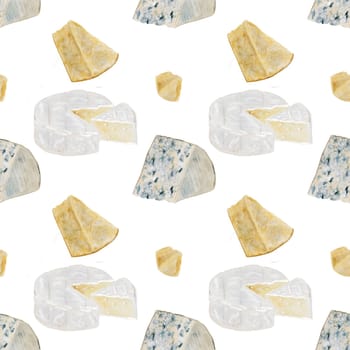 Cheese watercolor pattern. Hand drawn illustration brie, dor blue, parmesan. Clip art of food on white background. Ideal for packaging of farm organic product or restaurant menu design. High quality illustration