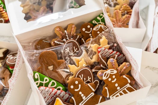 Captured from a close-up perspective, an open holiday cookie gift box reveals a beautifully arranged assortment of decorated gingerbread cookies, including smiling gingerbread figures, stars, Christmas trees, and mittens. The festive presentation makes this perfect for seasonal gifting, bakery promotions, or holiday marketing materials.