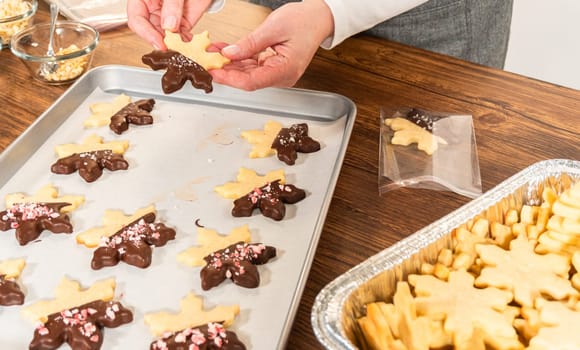 Preparing star-shaped cookies, half-dipped in chocolate, accented with peppermint chocolate chips for the holidays.