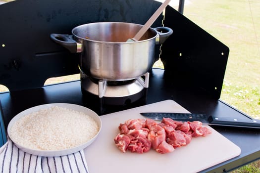 Outdoor cooking. Pot of stew with diced meat and rice on cutting board.