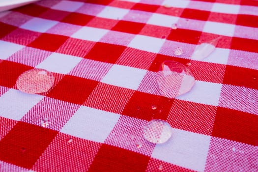 Red and white checkered tablecloth with water droplets in close up view.