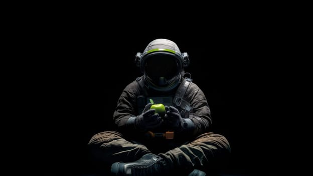 Astronaut sitting in darkness holding a green apple, surreal space concept.