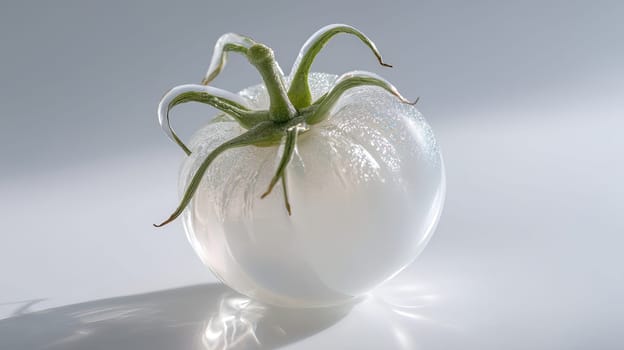 Translucent pearl-like tomato on a reflective white surface, conceptual art.