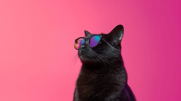 Black cat wearing sunglasses against a pink background, cool and stylish vibe.