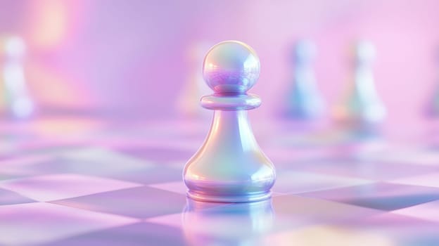 Iridescent chess pawn on pastel checkered board, futuristic concept art.