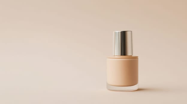 Beige foundation cream bottle with silver cap on a matching background, minimalistic style.