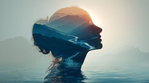 Double exposure of a woman's profile with mountains and a river at sunrise.