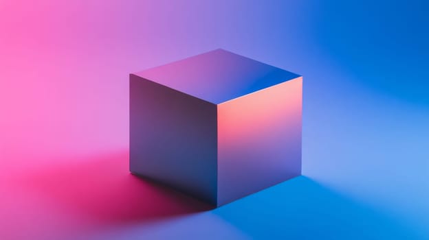 Metallic cube in gradient pink and blue light, modern abstract background.
