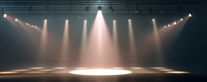 Spotlights illuminating an empty stage in a dimly lit theater, moody ambiance.