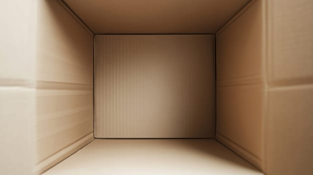 Inside view of a large empty brown cardboard box, looking like a small room.