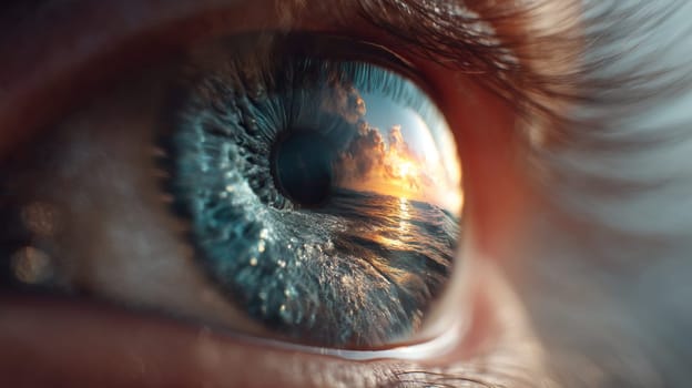 Eye reflecting sunset over ocean in close-up view, surreal artistic concept.