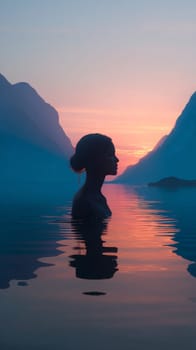 Silhouette of a woman in water with vibrant sunset reflecting in mountains.
