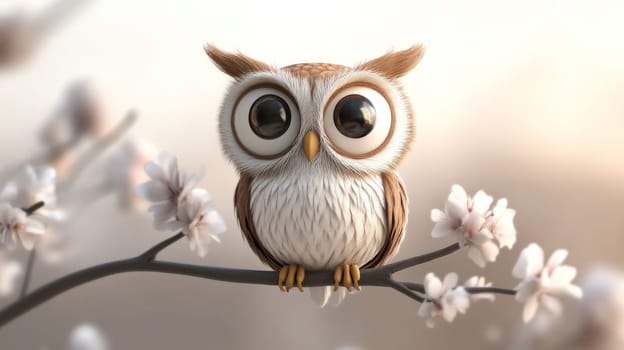 Cute cartoon owl with large eyes perched on a blossom branch, 3d digital art.