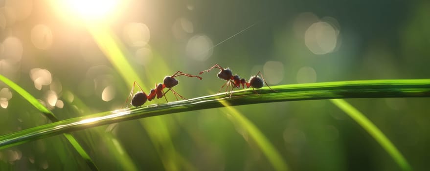 Ants on a green blade of grass in sunlight with bokeh effects, macro photography.