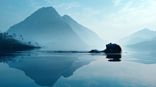 Serene woman floating in tranquil blue lake with misty mountains at sunrise.