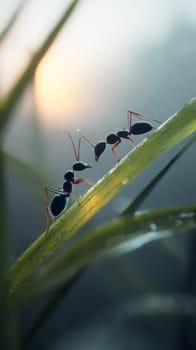 Two ants interacting on a dewy leaf at sunrise in a natural setting.