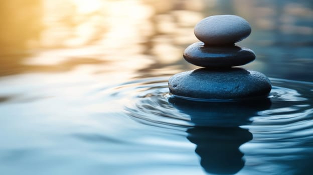 Stack of smooth gray stones balancing gently on rippling water at sunrise.