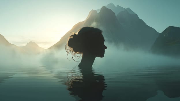 Silhouette of a woman in water with misty mountains at sunrise, surreal atmosphere.