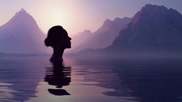 Silhouette of woman in serene lake at sunset amidst purple mountains, digital art.