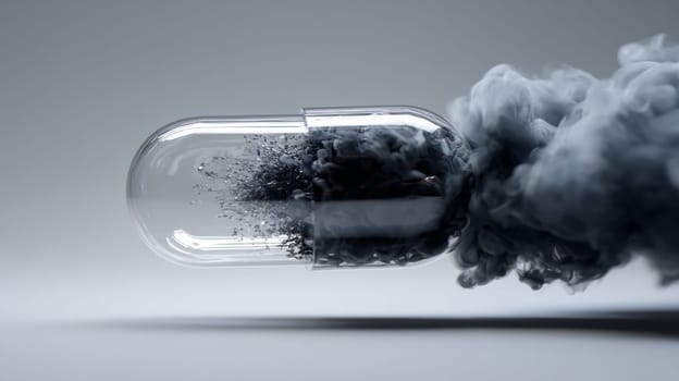 Transparent capsule with black smoke cloud swirling inside on gray background.
