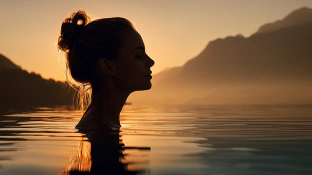 Silhouette of woman reflecting in calm lake at sunrise near mountains.