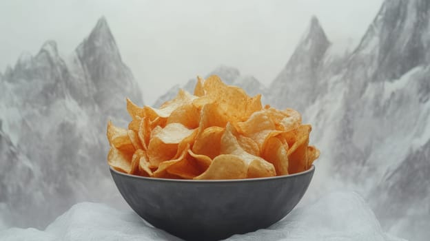 Golden crispy potato chips in a bowl with snowy mountain backdrop, surreal concept.