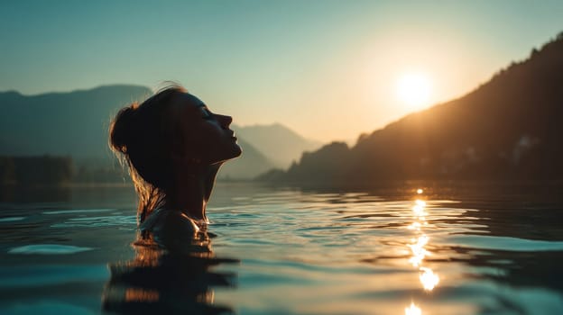 Silhouette of woman in lake during sunrise with mountains, peaceful and serene.