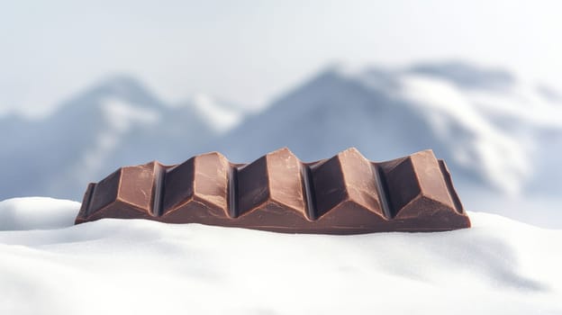 Chocolate bar on snowy mountain background with winter concept.