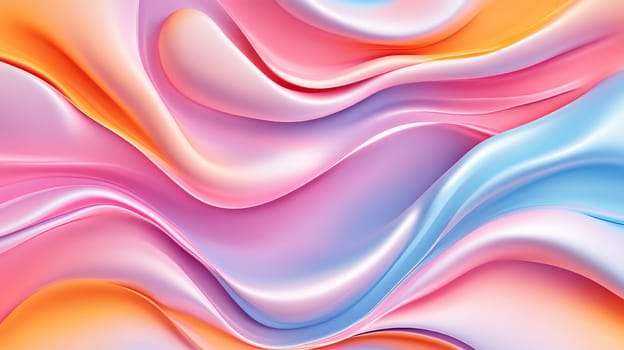 Abstract waves of pastel pink, blue, and orange silk-like fabric blending.
