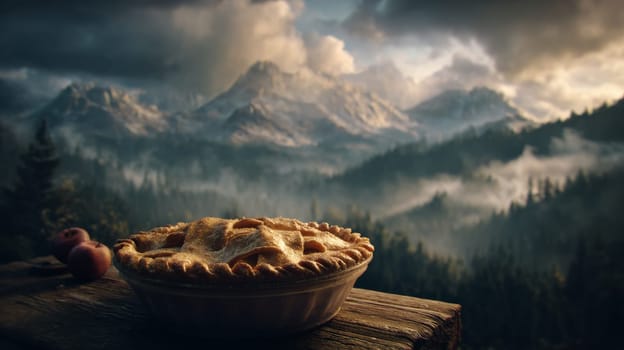 Rustic apple pie on a wooden table with misty mountains in the background.