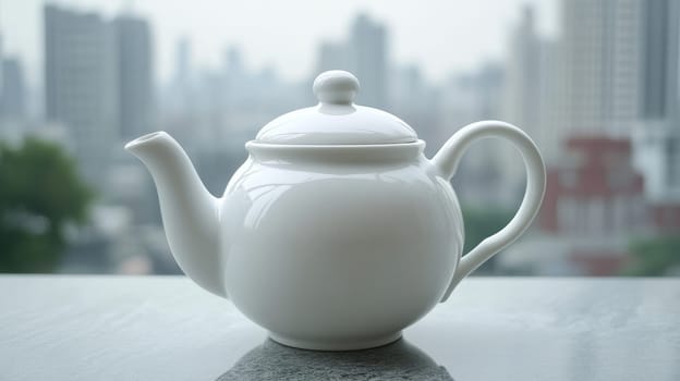 White ceramic teapot with lid against blurred cityscape background.