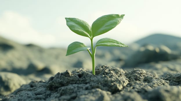 Young green plant sprouting from cracked soil under soft light, symbolizing hope.
