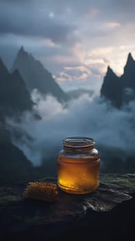 Glass jar of honey with honeycomb against dramatic mountain landscape.