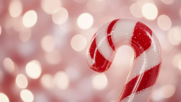 Close-up of a red and white candy cane with glitter on a blurred background.