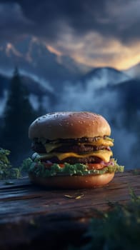 Juicy cheeseburger with toppings on wooden table in foggy mountain setting.