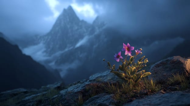 Pink wildflower on rocky mountain illuminated by sunrise with misty peaks.