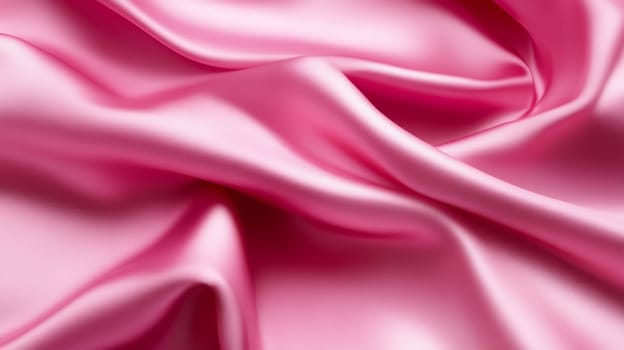 Smooth pink silk fabric texture with soft flowing waves in closeup detail.