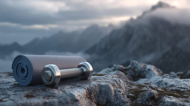 Yoga mat and dumbbell on rocky mountain top under cloudy sky at sunrise.