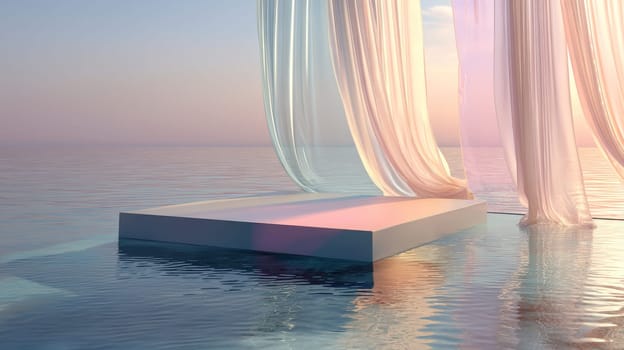 Soothing sunset over calm ocean with pedestal and pastel drapes and reflecting waterscape.