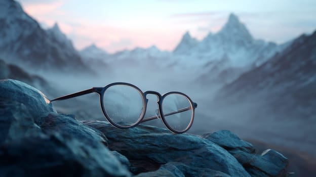 Glasses resting on mountain rock under foggy sky at dawn, concept of clarity.