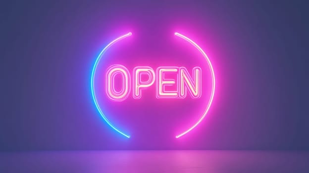 Neon open sign glowing in pink and blue on a dark background.