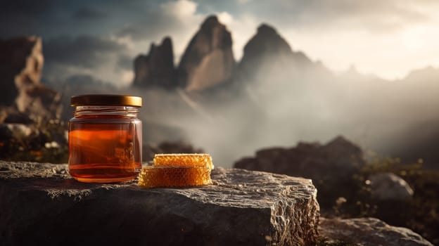 Jar of honey and honeycomb on rock with misty mountainous landscape.