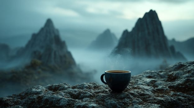 Serene morning coffee with misty mountain background, dreamy atmosphere.