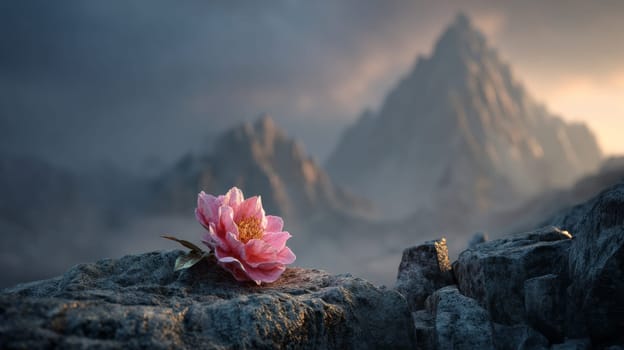 Pink flower on rocky surface with majestic mountains in the background, serene scene.