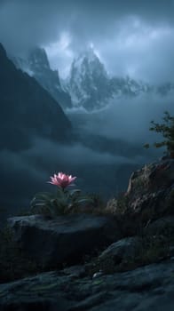Solitary lotus in foggy mountain landscape at dusk, fantasy atmosphere.