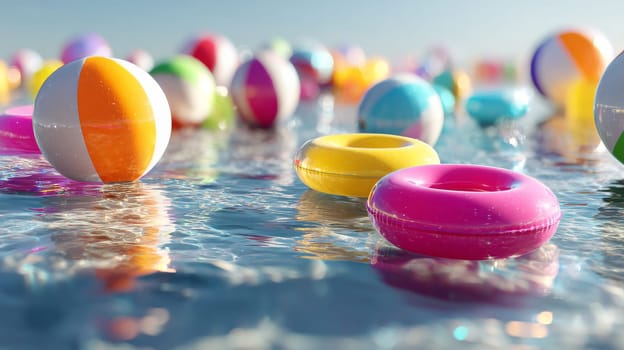 Colorful beach balls and float rings on a sunny ocean surface, summer vibes.