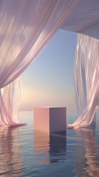 Serene scene with pastel drapes and a cube floating on tranquil water.