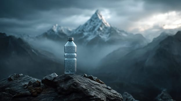 Plastic bottle on rocky mountain with misty peaks under dramatic cloudy sky.