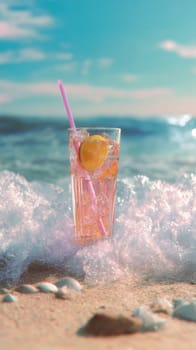 Refreshing lemonade with pink straw on beach in ocean surf waves.