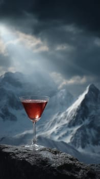 Cocktail glass with red drink on mountain ledge under cloudy sky, surreal scene.